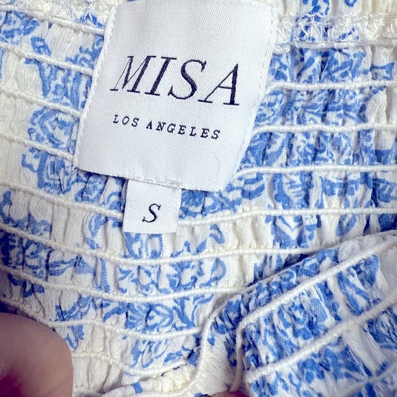 Misa Los Angeles Blue & White Smocked Puff Sleeve Top Size Small - Picture 4 of 4